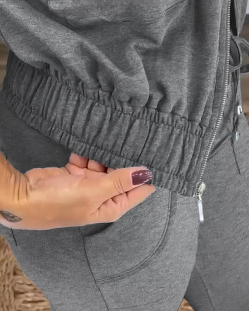 2 Pieces Outfit Long Sleeve Zip Up Flap Pockets Design Stretchy Hem Hoodie Coat and Drawstring Elastic Waist Slim Fit Pants Set