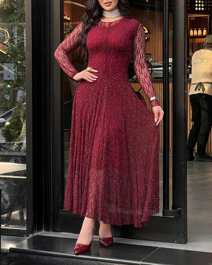 Women's Rhinestone Lace Long Sleeve Maxi Dress Crew Neck Textured A-Line Evening Gown