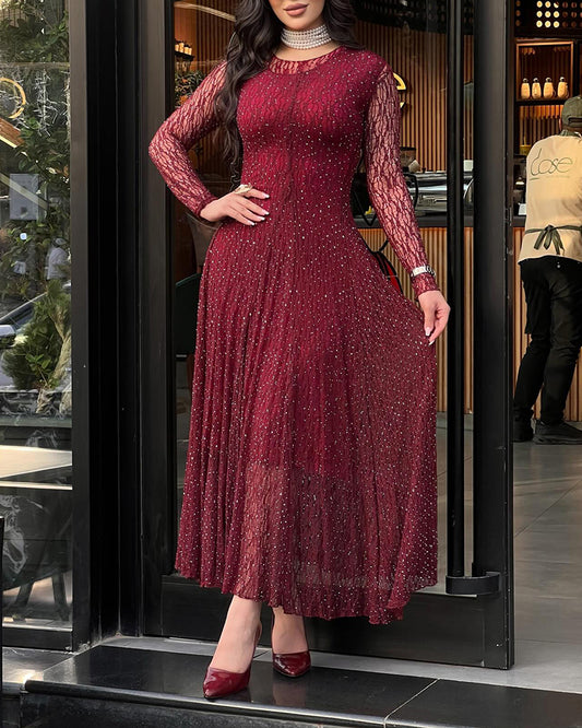 Women's Rhinestone Lace Long Sleeve Maxi Dress Crew Neck Textured A-Line Evening Gown