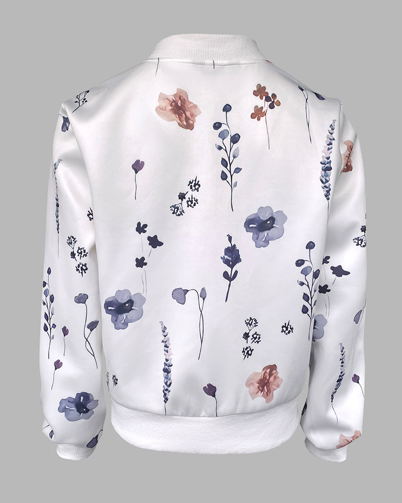 Plants Print Long Sleeve Casual Zipper Baseball Coat