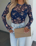 Women's Floral Print Sheer Mesh Top Long Sleeve Crewneck Slim Fit Tee with Thumb Holes