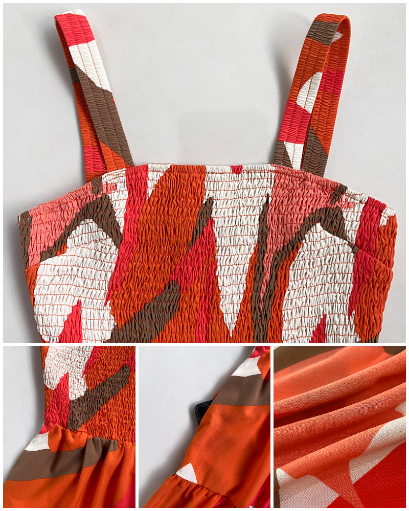 Abstract Pattern Square Neck Sleeveless Thick Strap Shirred Ruffles Hem Maxi Dress Vacation Dress