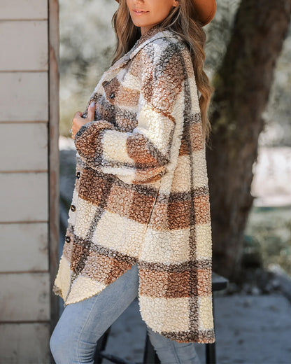Women's Plaid Fleece Shacket Lapel Button Down Mid Length Oversized Jacket