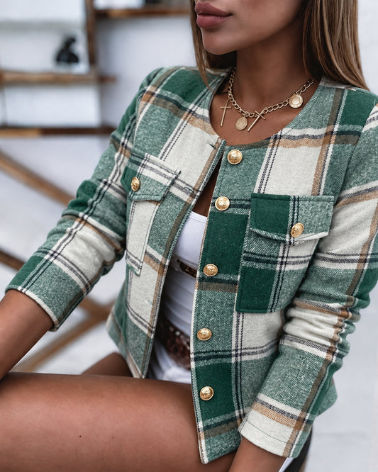 Women's Vintage Plaid Crop Coat Crew Neck Gold Button Flap Pocket Jacket