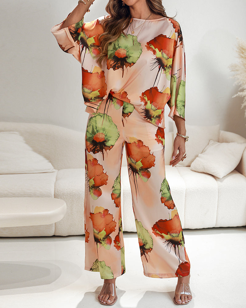 2 Pieces Outfit Floral Print Skew Neck Batwing Sleeve Top and Casual Elastic Wasit Wide Leg Pants Set