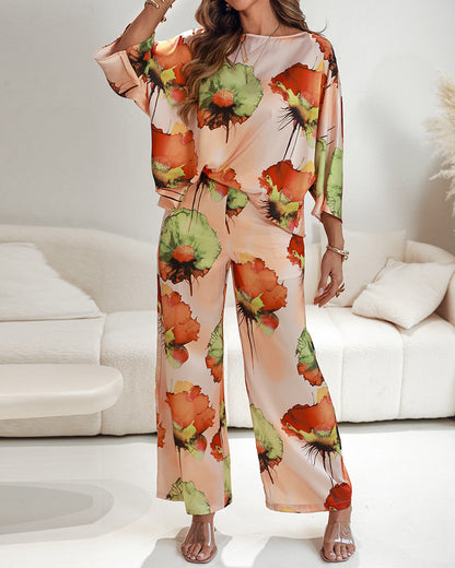 2 Pieces Outfit Floral Print Skew Neck Batwing Sleeve Top and Casual Elastic Wasit Wide Leg Pants Set