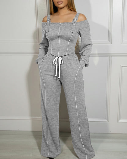 2 Pieces Outfit Trendy Long Sleeve Cold Shoulder Top and Drawstring Waist Pants with Pockets