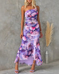 Women's Floral Mesh Mermaid Dress One Shoulder Ruched Bodycon Midi Dress Elegant Wedding Guest Party Evening Gown