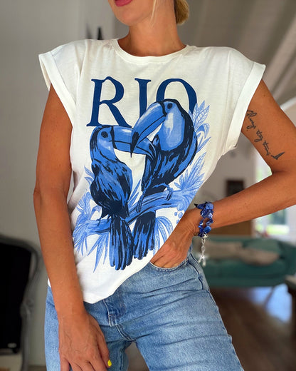 Birds & RIO Letter Print O-neck Short Sleeve Tee Casual Rolled Cuffs Top