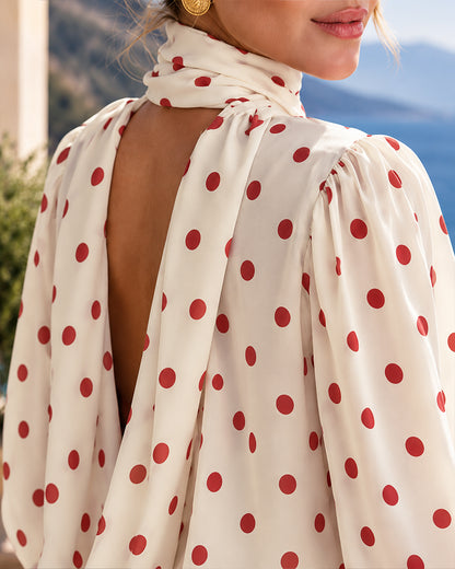 Women's Polka Dot Mock Neck Backless Chiffon Top Lantern Sleeve Blouse with Draped Tie Details