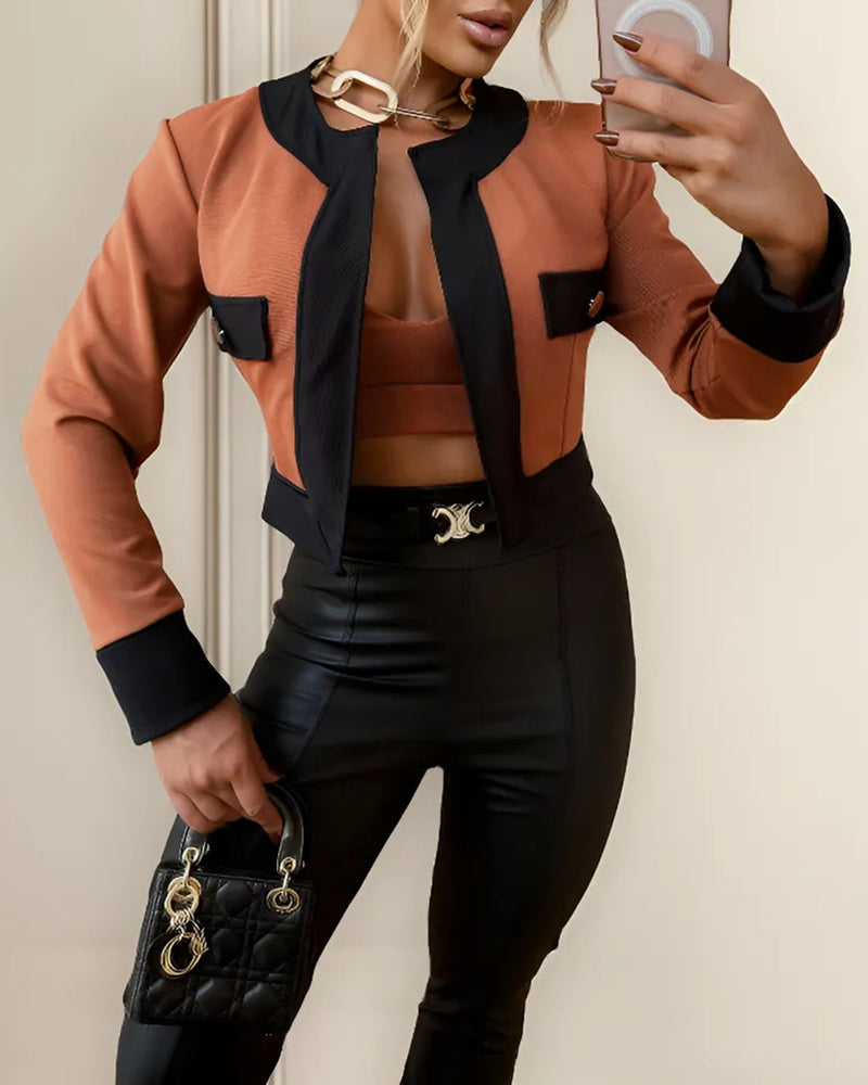 2 Pieces Outfit Colorblock Open Front Cropped Jacket with Spaghetti Strap Bandeau