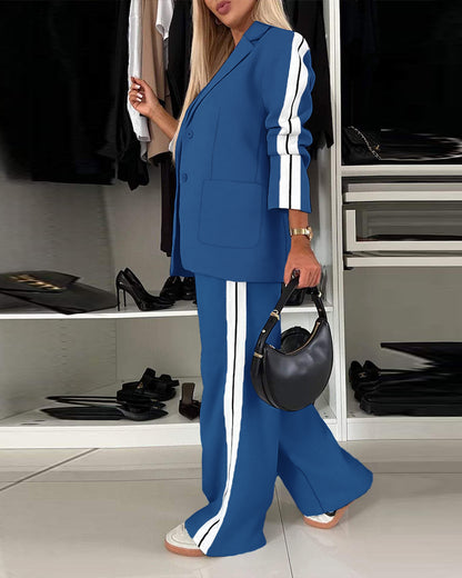 2 Pieces Outfit Notched Collar Single Breasted Pockets Design Coat And Elastic Waist Seam Front Wide Leg Pants Set Casual Contrast Side Striped Blazer Set