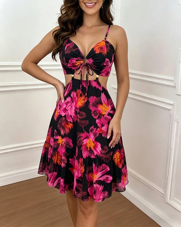 Women's Vintage Floral Print Mini Dress Sexy Sweetheart Neck Cut Out Sundress Backless Ruched A-Line Vacation Dress