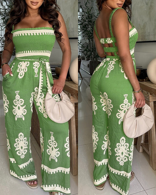 Vintage Floral Print Square Neck Stretchy Straps Shirred Backless Ovealls Casual Tie Waist Wide Leg Jumpsuit