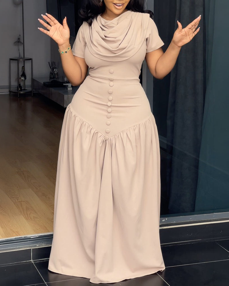 Single Breasted Decor Cowl Neck Short Sleeve Cinched Waist Maxi Dress Elegant Zipper Back Ruched Party Dress