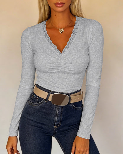 Women's Lace V Neck Ruched T Shirt Slim Fit Long Sleeve Tee Casual Elegant Top