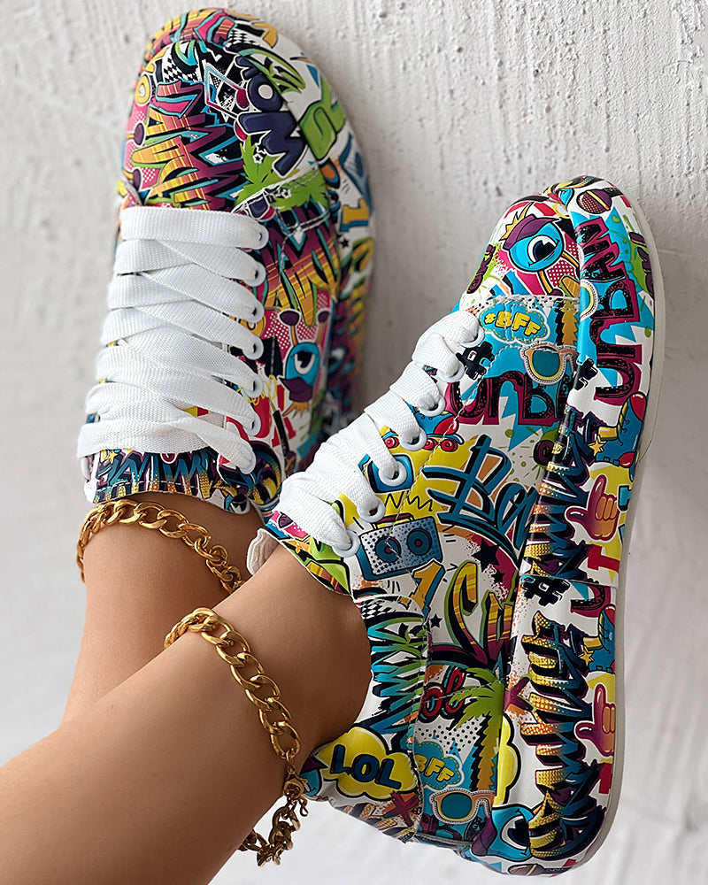 Cartoon Print Lace-up Casual Sneakers