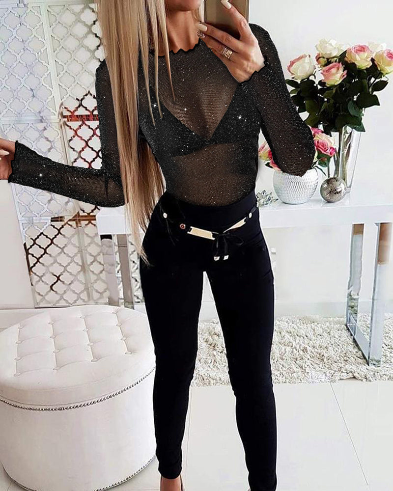 Glitter Lurex Mock Neck T Shirt Casual Sheer Mesh Slim Fit Blouse Top