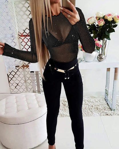 Glitter Lurex Mock Neck T Shirt Casual Sheer Mesh Slim Fit Blouse Top