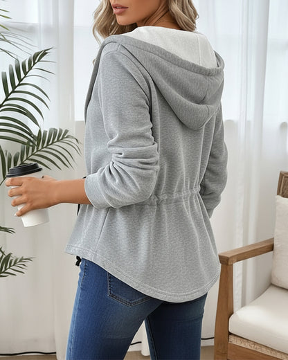 Zip Up Waist Drawstring Asymmetrical Hem Hoodie Jacket Casual Drop Shoulder Cinched Waist Coat