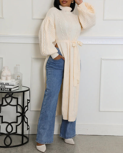 Cable Textured High Neck Lantern Sleeve Bow Tie Waist Sweater Casual High Slit Knit Longline Top