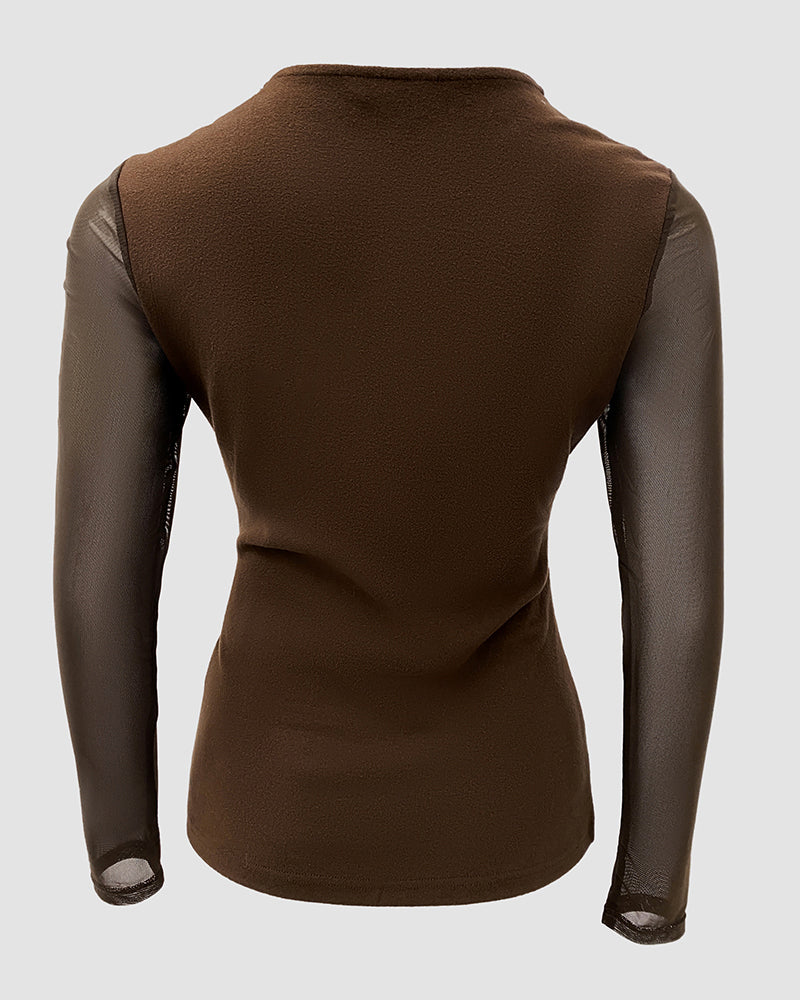 Sheer Mesh Spliced Long Sleeve Slim Fit Sexy Top