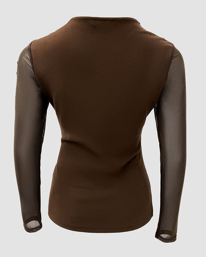 Sheer Mesh Spliced Long Sleeve Slim Fit Sexy Top