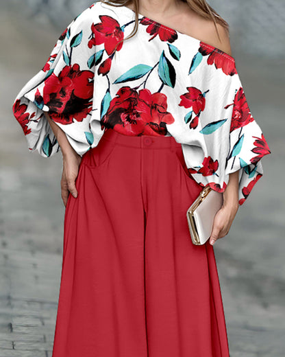 2 Pieces Outfit Floral Print Skew Neck Batwing Sleeve Stretchy Hem Top and Zipper Fly Elastic Back Waist Wide Leg Pants Set Casual Loose Fit Set