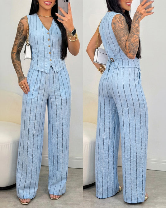 2 Pieces Outfit V-Neck Sleeveless Button Front Adjustable Buckle Back Vest and Elastic Back Waist Wide Leg Pants Set Casual Striped Commuting Set