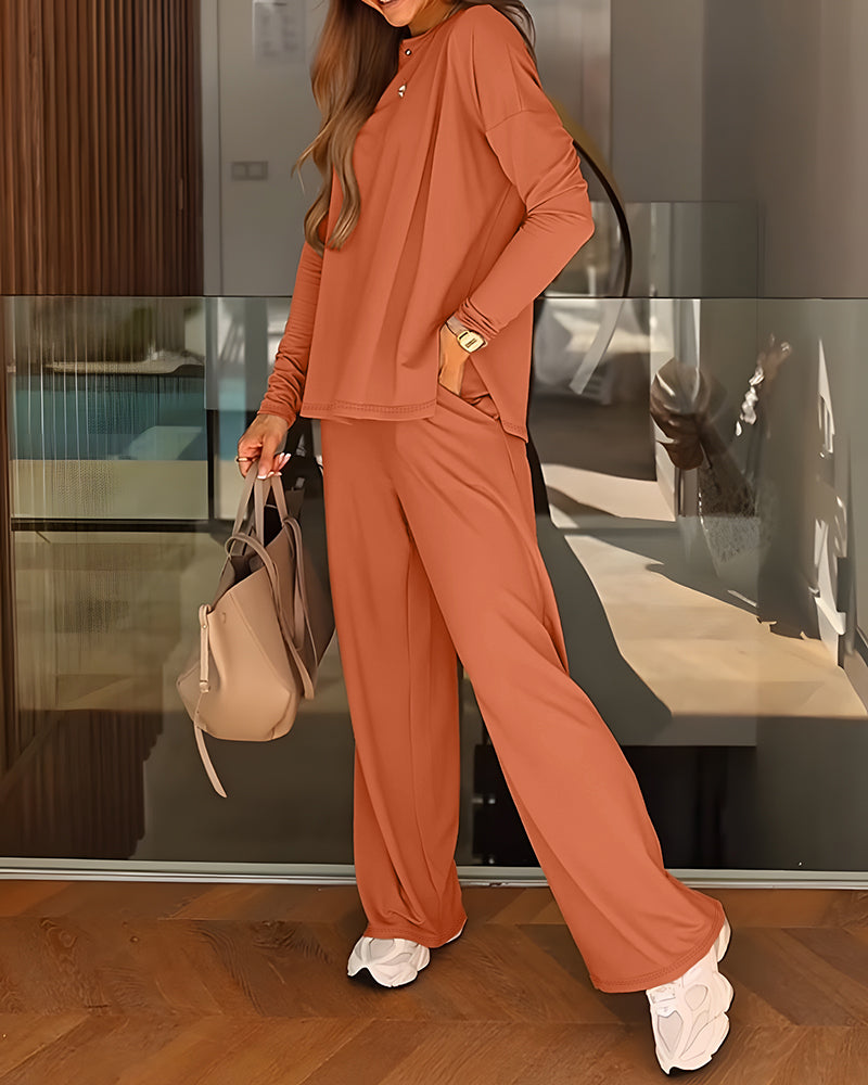 Women's 2 Piece Lounge Set Side Slit Long Sleeve Top and High Waist Wide Leg Pants Outfits with Pockets Casual Tracksuit