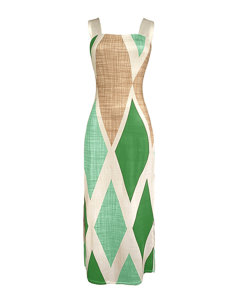 Geometric Print Square Neck Thick Strap Vacation Dress Casual Slim Fit Slit Maxi Dress
