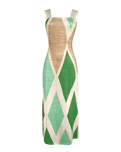 Geometric Print Square Neck Thick Strap Vacation Dress Casual Slim Fit Slit Maxi Dress