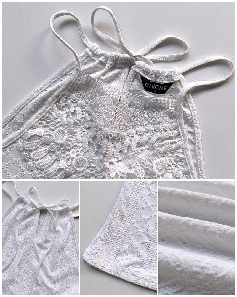 Halter Lace Up Water Soluble Lace Trim Sleeveless Tank Jacquard Casual Slim Fit Knit Top