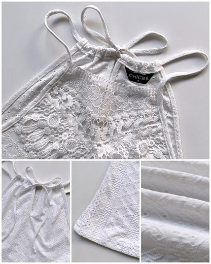 Halter Lace Up Water Soluble Lace Trim Sleeveless Tank Jacquard Casual Slim Fit Knit Top