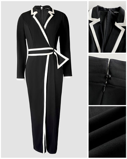 Contrast Paneled Notched Collar Padded Shoulders Work Jumpsuit Casual Zipper Back Wrap Front Jumpsuit