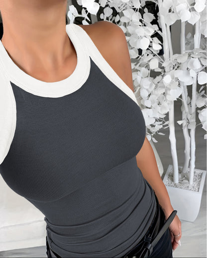 Contrast Binding Tank Tops Summer Sleeveless Basic Cami Top Shirt Slim Knit Ribbed Racerback Blouses