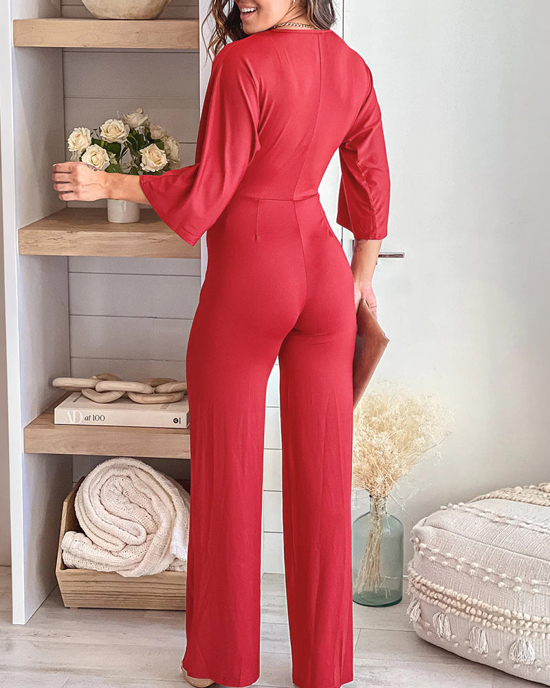 Women's Deep V Neck Twist Front Jumpsuit Three Quarters Sleeve Straight Leg Overalls