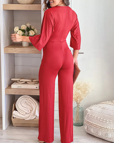Women's Deep V Neck Twist Front Jumpsuit Three Quarters Sleeve Straight Leg Overalls