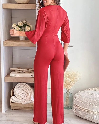 Women's Deep V Neck Twist Front Jumpsuit Three Quarters Sleeve Straight Leg Overalls