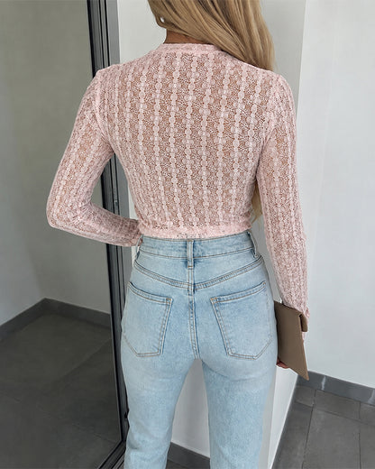 Women's Textured Jacquard Sheer Lace Top Round Neck Long Sleeve Layering Tee with Thumb Hole Cuffs