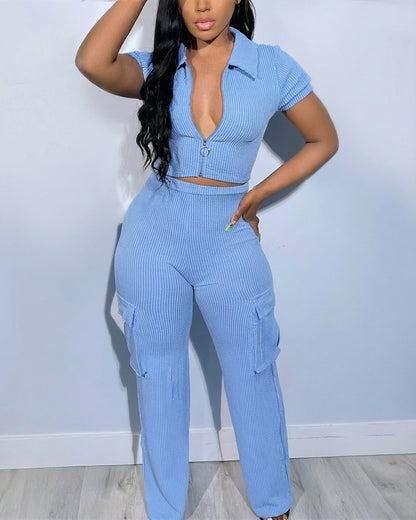 2 Pieces Outfit Polo Collar Short Sleeve Zip Up Slim Fit Crop Top and High Waist Elastic Waist Cargo Pockets Design Pants Set Casual Ribbed Set