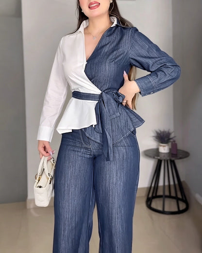 Women's 2-Piece Denim Set Asymmetric Contrast Peplum Top and High Waist Wide Leg Jeans Set with Belt