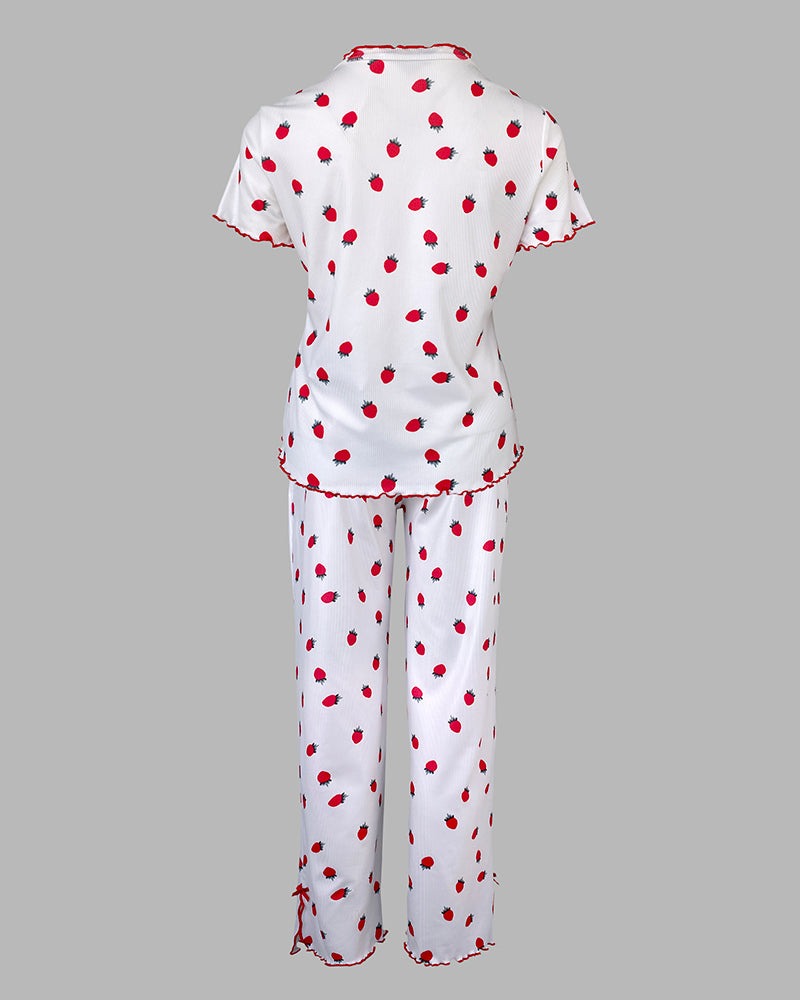 2 Pieces Outfit Strawberry Print Stand Collar Short Sleeve T-shirt and Pants Pajamas Set