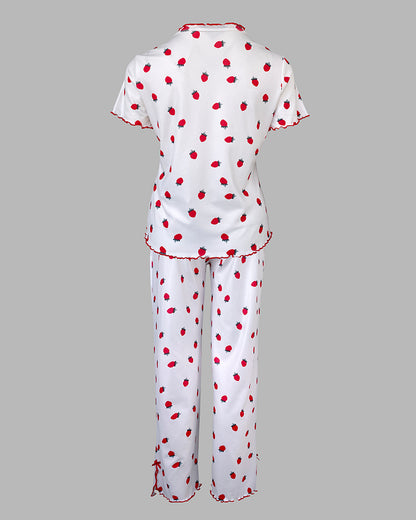 2 Pieces Outfit Strawberry Print Stand Collar Short Sleeve T-shirt and Pants Pajamas Set