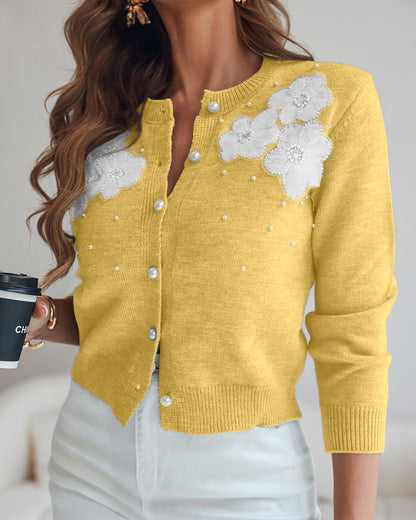 Floral Applique & Pearls Decor Round Neck Single Breasted Knit Cardigan Casual Crop Sweater Coat