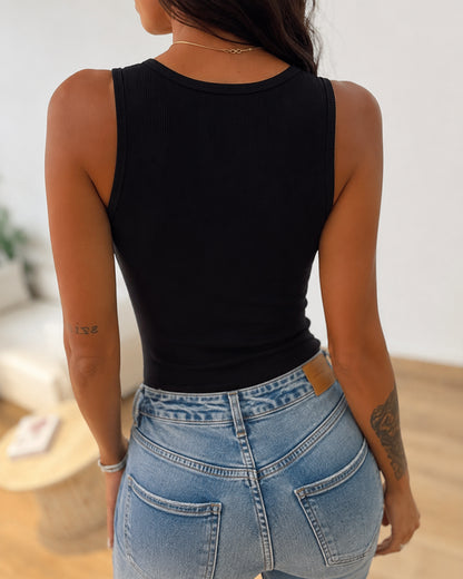 Women's Vintage Studded U Neck Tank Top Thick Strap Ribbed Knit Top