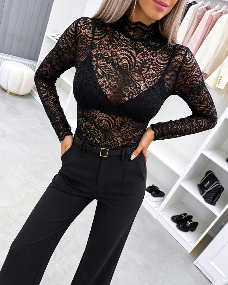 Women's Mock Neck Sheer Lace Top Long Sleeve See Through Layering Shirt