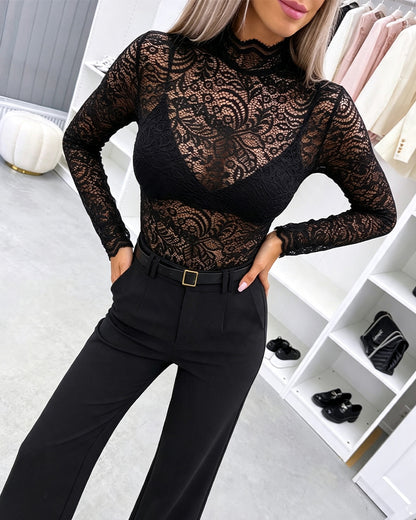 Women's Mock Neck Sheer Lace Top Long Sleeve See Through Layering Shirt