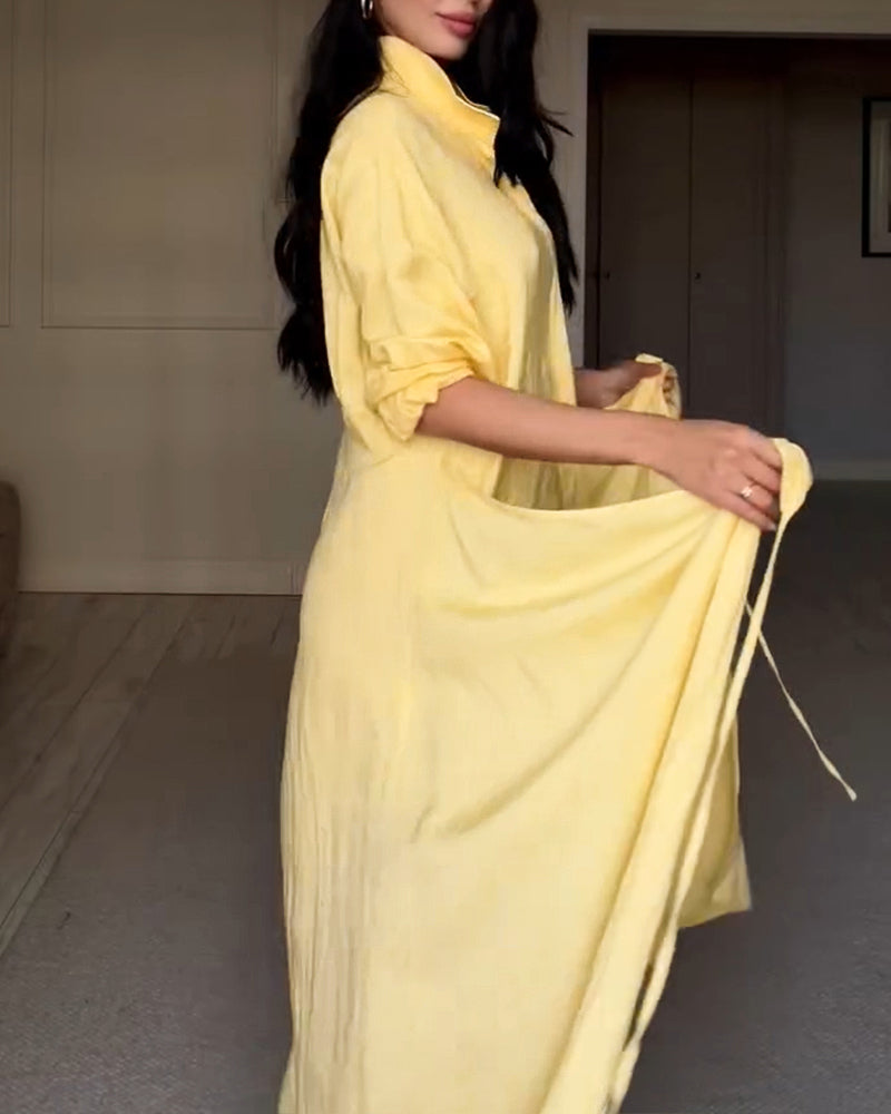 Women's Faux Two Piece Shirt Dress Wrap Lace-up Tie Waist Midi Dress Long Sleeve Slit Casual Dress