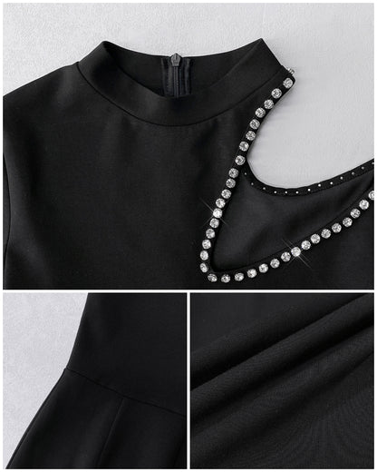 Rhinestone Cold Shoulder High Neck Jumpsuit Long Sleeve Slim Fit Flared Jumpsuit
